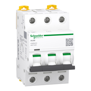 Schneider A9F75301 Miniature circuit breaker (MCB), Acti9 iC60N, 3P, 1A, D curve, 6000A (IEC/EN 60898-1), 50kA (IEC/EN 60947-2)