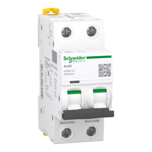 Schneider A9F84201 Miniature circuit breaker (MCB), Acti9 iC60H, 2P, 1A, C curve, 10000A (IEC/EN 60898-1), 70kA (IEC/EN 60947-2)