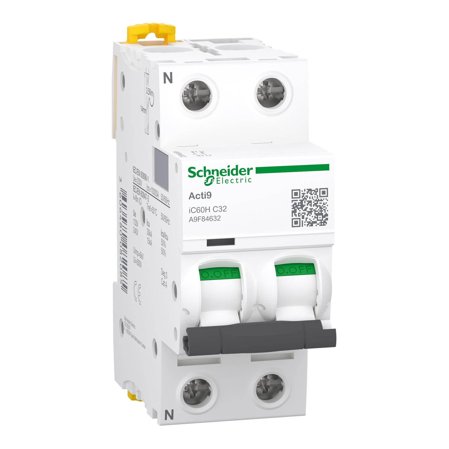 Schneider A9F84632 Miniature circuit breaker (MCB), Acti9 iC60H, 1P+N, 32A, C curve, 10000A (IEC/EN 60898-1), 15kA (IEC/EN 60947-2)