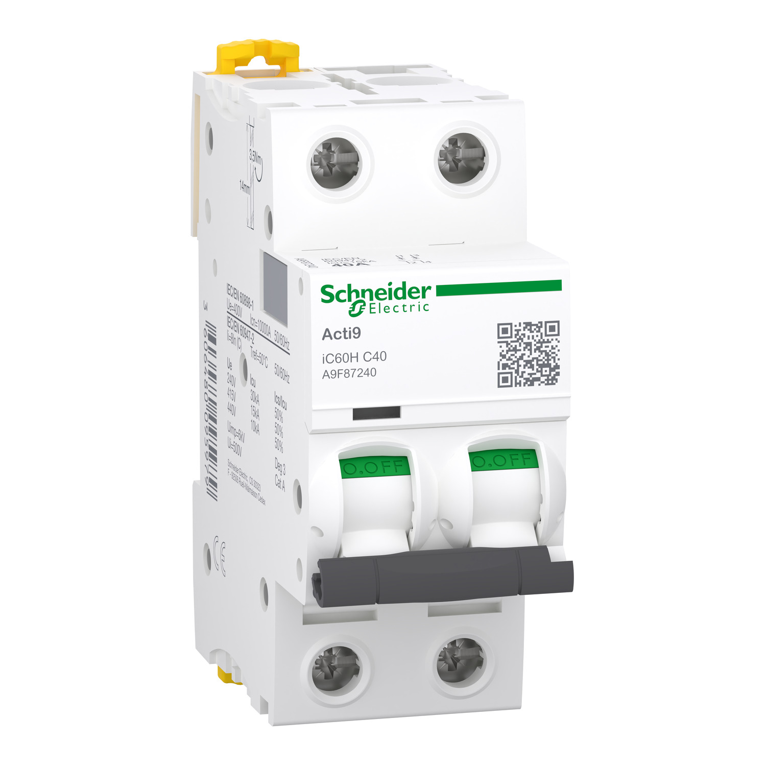 شنائیڈر A9F87240 چھوٹے سرکٹ بریکر، Acti9 iC60H, 2P, 40 A, C curve, 10000 A (IEC 60898-1), 15 kA (IEC 60947-2)