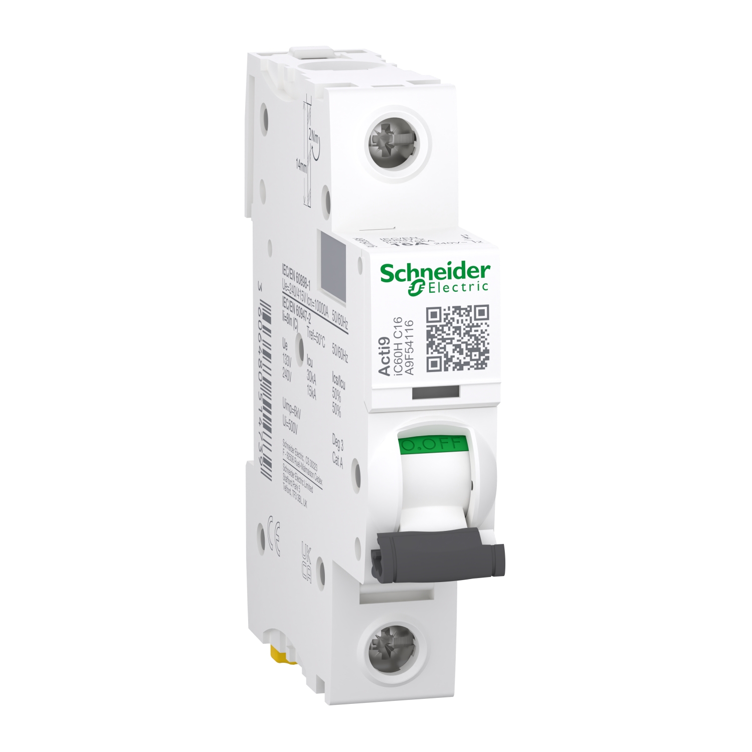 Schneider A9F54116 Acti9 iC60H 1P 16A C Miniature Circuit breaker
